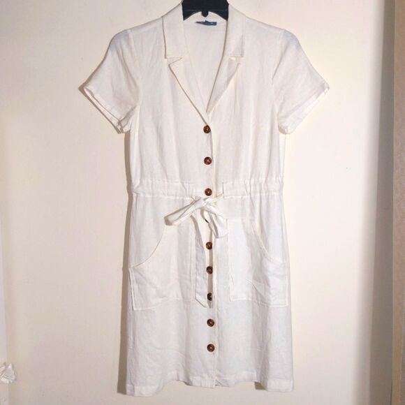 ModCloth Women's Linen Blend Enthralled Again Ivory Shirt Dress Size M EUC - Picture 2 of 11